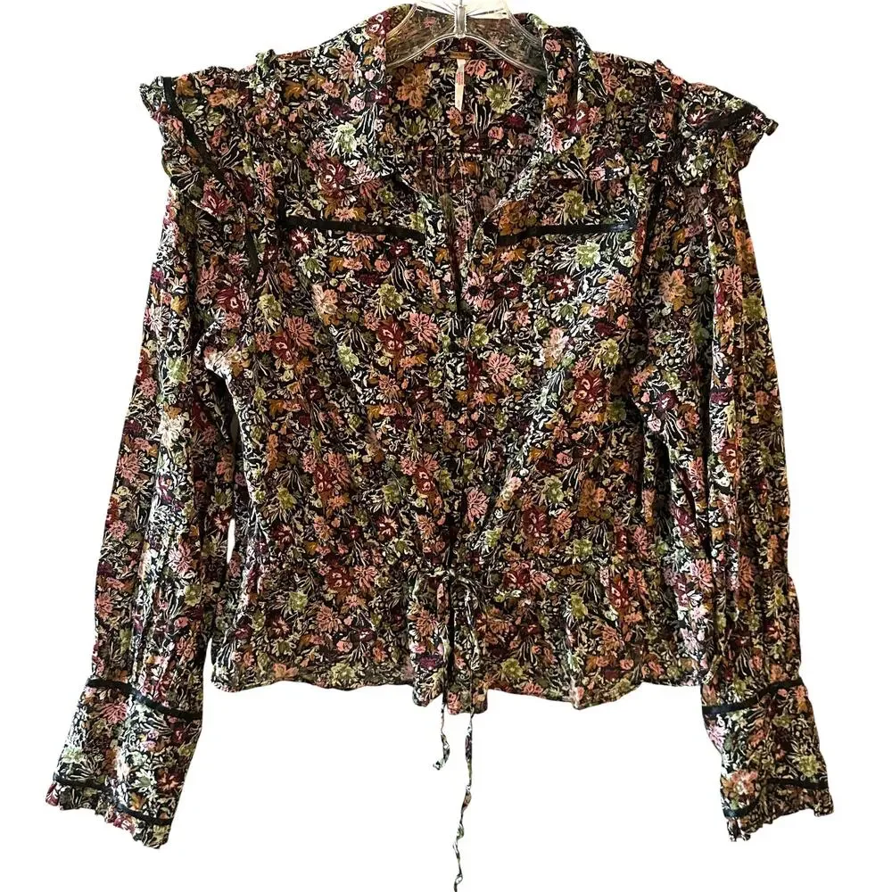 Free People Daybreak Top Womens Small Moody Floral Boho Ruffled Blouse
